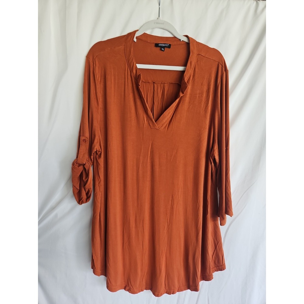 Othyroce Blouse Women 3X Burnt Orange Excellent Roll Tab Sleeve V-Neck Top